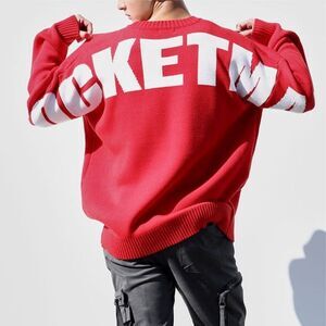 Neoity Rocketman Jacquard Knit Red Boxy Oversized Pullover Sweater Sweatshirt OS